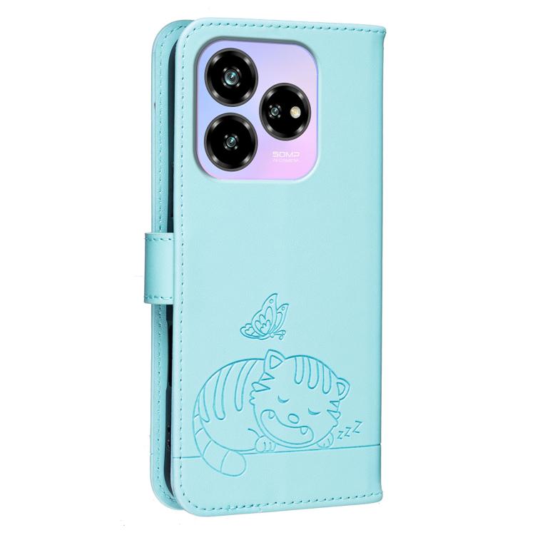 For ZTE Blade V60 Design / nubia V60 Design Cat Butterfly Embossed RFID Vegan Leather Phone Case with Strap