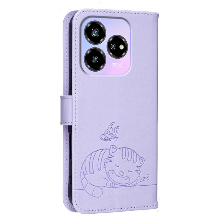 For ZTE Blade V60 Design / nubia V60 Design Cat Butterfly Embossed RFID Vegan Leather Phone Case with Strap