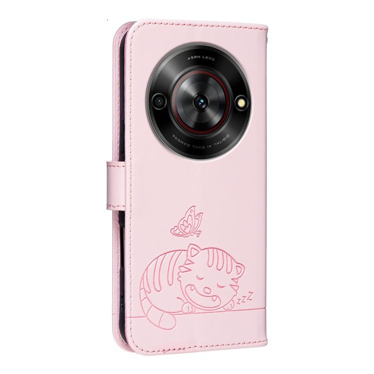 For ZTE Blade A75 5G / V60 Smart Cat Butterfly Embossed RFID Vegan Leather Phone Case with Strap
