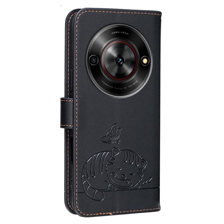For ZTE Blade A75 5G / V60 Smart Cat Butterfly Embossed RFID Vegan Leather Phone Case with Strap