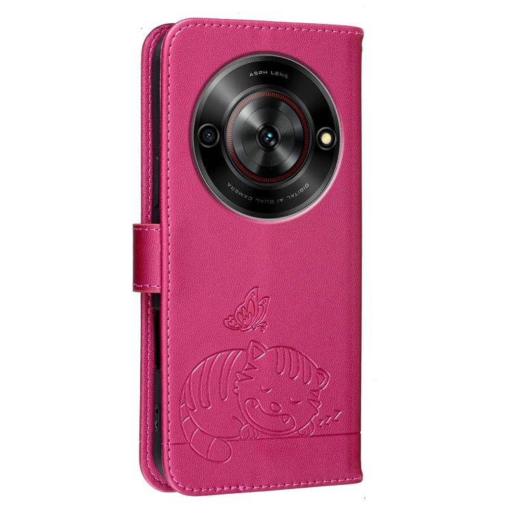 For ZTE Blade A75 5G / V60 Smart Cat Butterfly Embossed RFID Vegan Leather Phone Case with Strap