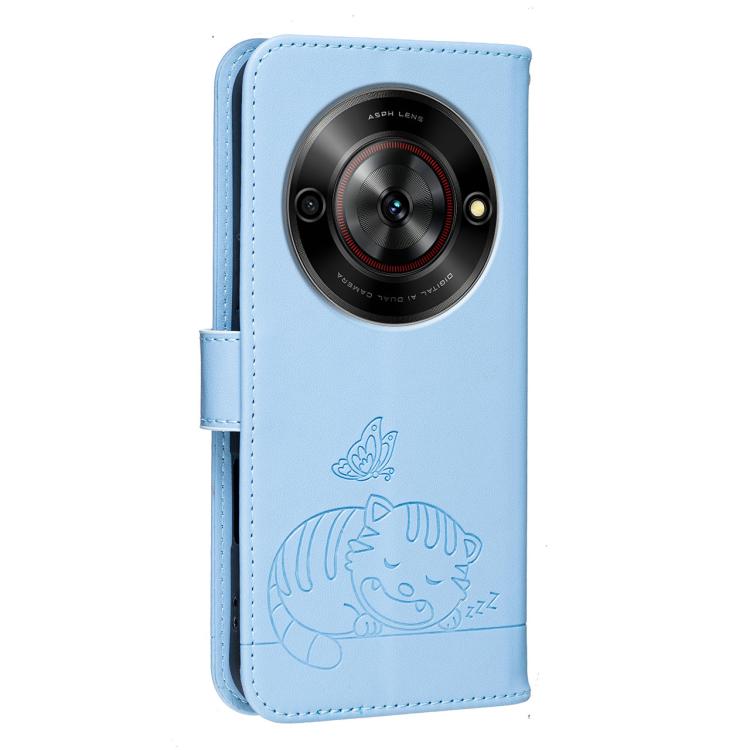 For ZTE Blade A75 5G / V60 Smart Cat Butterfly Embossed RFID Vegan Leather Phone Case with Strap