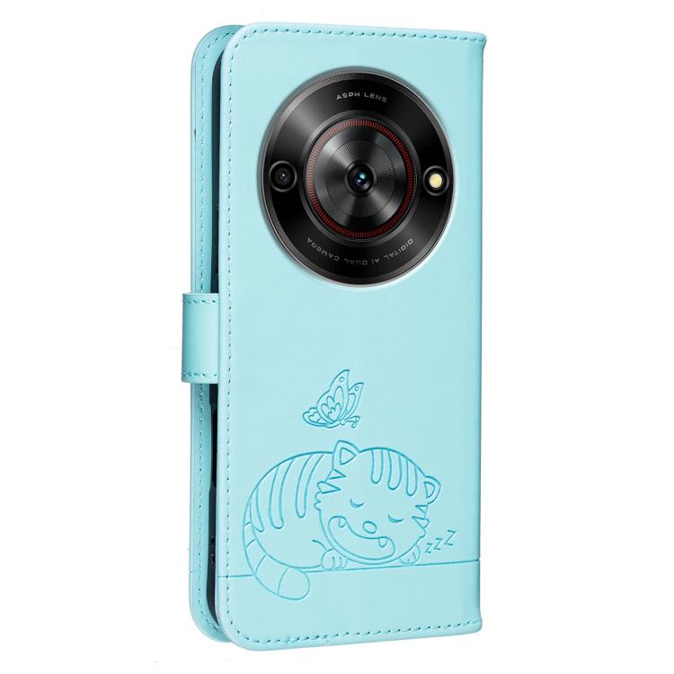 For ZTE Blade A75 5G / V60 Smart Cat Butterfly Embossed RFID Vegan Leather Phone Case with Strap