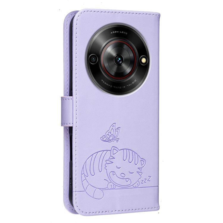 For ZTE Blade A75 5G / V60 Smart Cat Butterfly Embossed RFID Vegan Leather Phone Case with Strap
