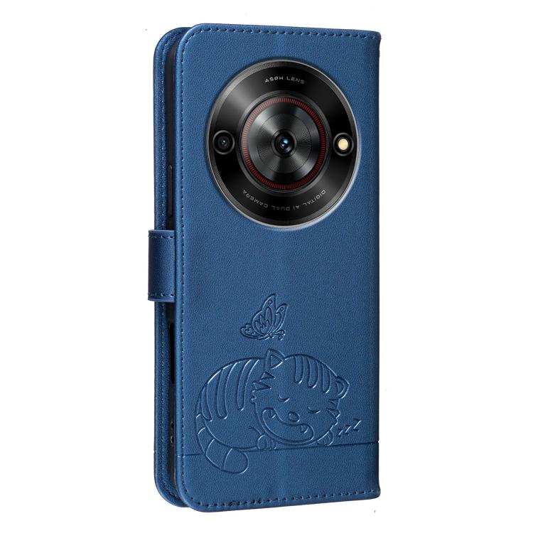 For ZTE Blade A75 5G / V60 Smart Cat Butterfly Embossed RFID Vegan Leather Phone Case with Strap