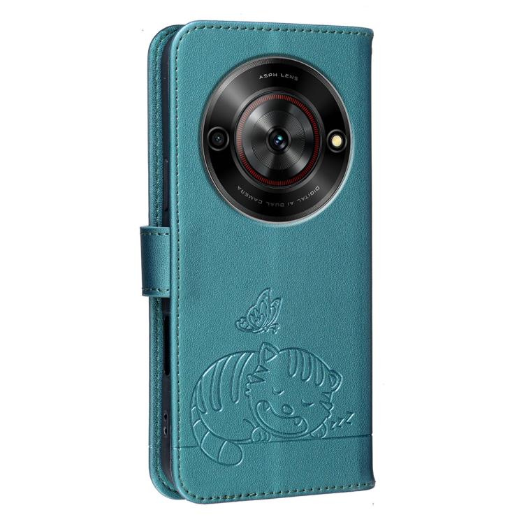 For ZTE Blade A75 5G / V60 Smart Cat Butterfly Embossed RFID Vegan Leather Phone Case with Strap