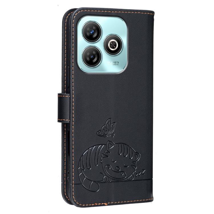 For ZTE Blade A75 Cat Butterfly Embossed RFID Vegan Leather Phone Case with Strap