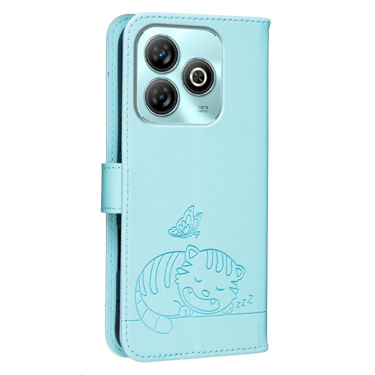 For ZTE Blade A75 Cat Butterfly Embossed RFID Vegan Leather Phone Case with Strap