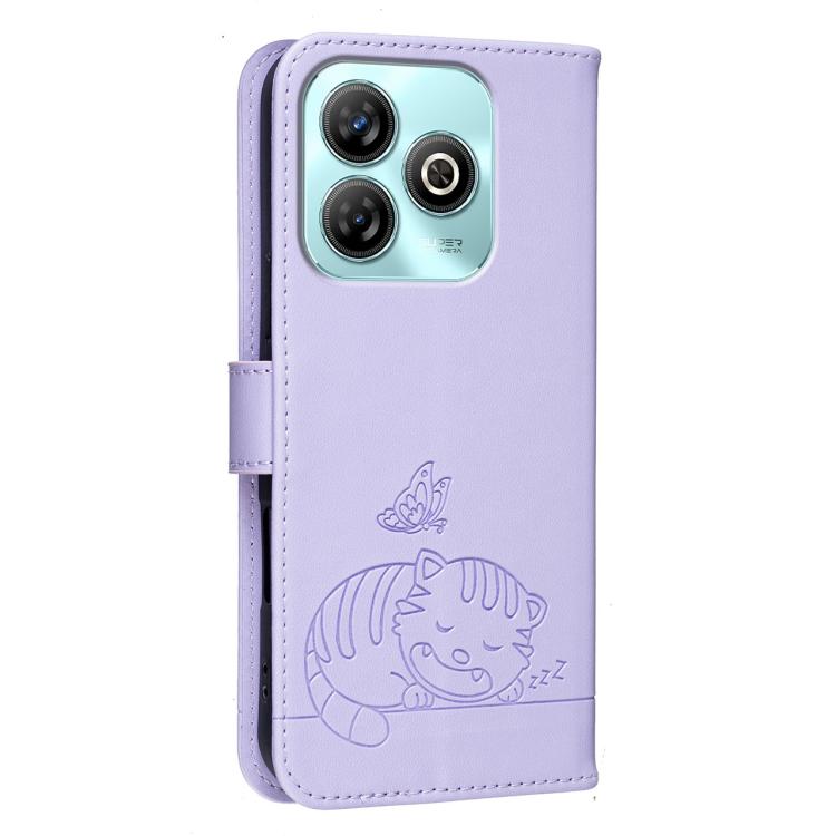 For ZTE Blade A75 Cat Butterfly Embossed RFID Vegan Leather Phone Case with Strap