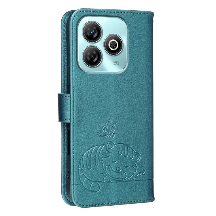For ZTE Blade A75 Cat Butterfly Embossed RFID Vegan Leather Phone Case with Strap