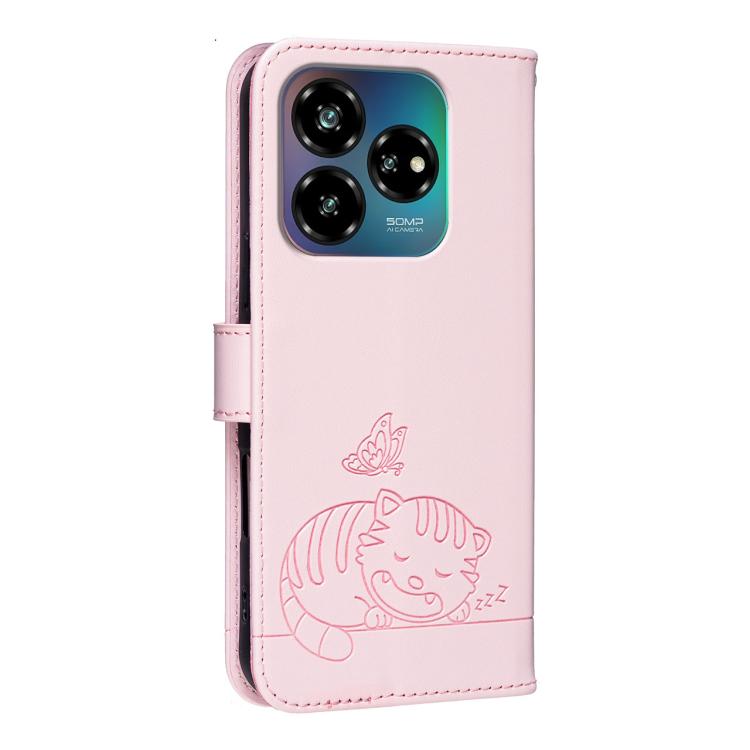 For ZTE Blade V60 vita Cat Butterfly Embossed RFID Vegan Leather Phone Case with Strap