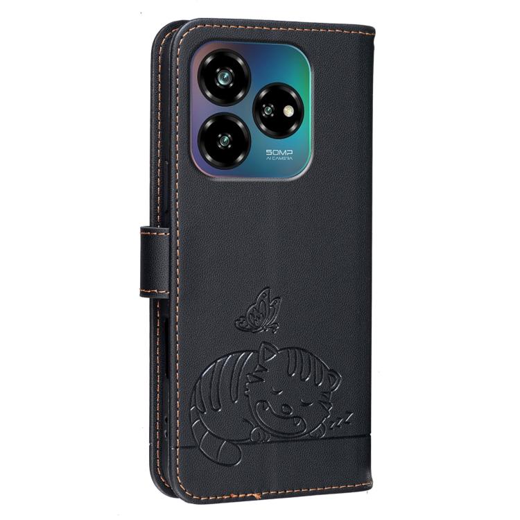 For ZTE Blade V60 vita Cat Butterfly Embossed RFID Vegan Leather Phone Case with Strap