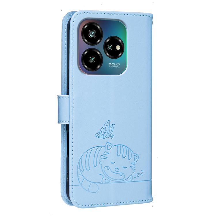 For ZTE Blade V60 vita Cat Butterfly Embossed RFID Vegan Leather Phone Case with Strap