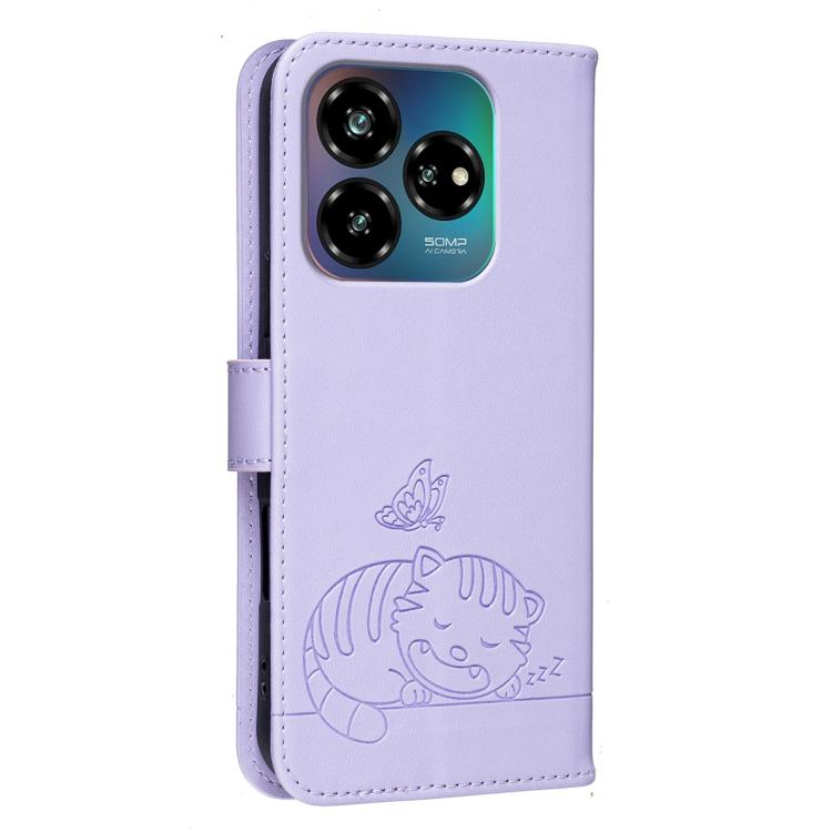 For ZTE Blade V60 vita Cat Butterfly Embossed RFID Vegan Leather Phone Case with Strap