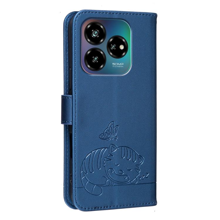For ZTE Blade V60 vita Cat Butterfly Embossed RFID Vegan Leather Phone Case with Strap