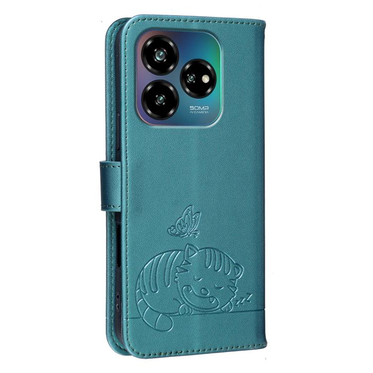 For ZTE Blade V60 vita Cat Butterfly Embossed RFID Vegan Leather Phone Case with Strap