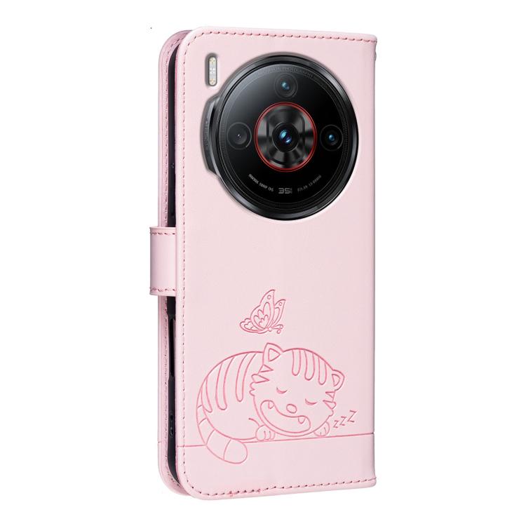 For ZTE nubia Z60S Pro Cat Butterfly Embossed RFID Vegan Leather Phone Case with Strap