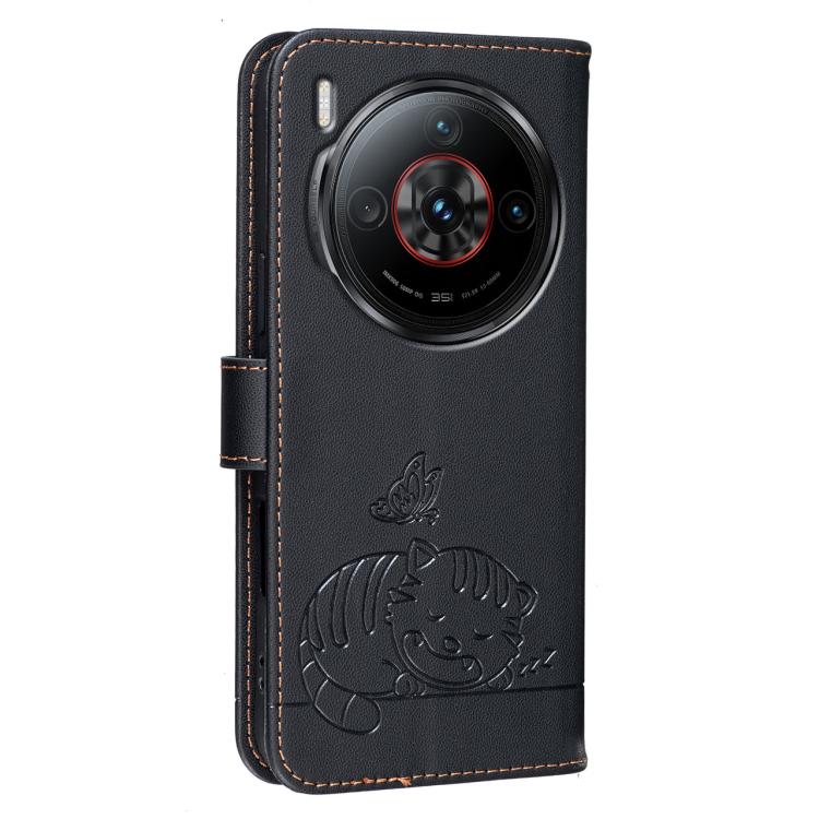 For ZTE nubia Z60S Pro Cat Butterfly Embossed RFID Vegan Leather Phone Case with Strap