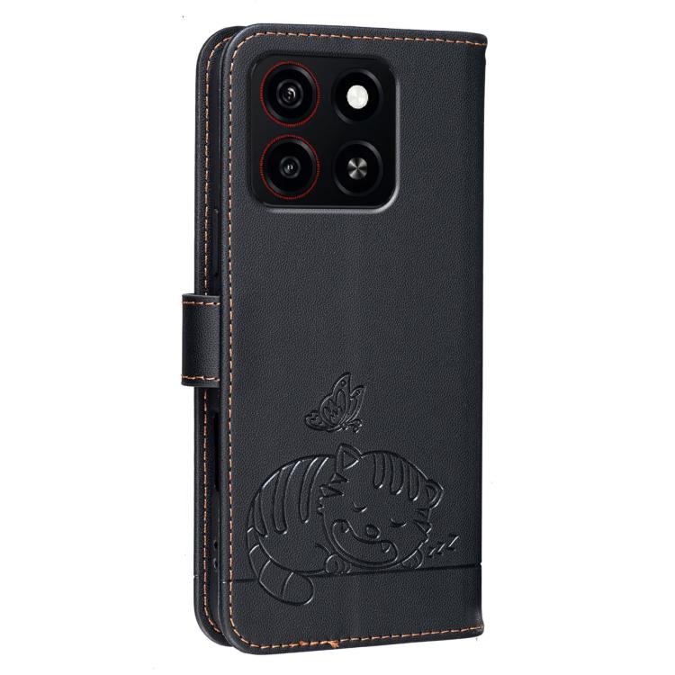For ZTE Blade A35 Cat Butterfly Embossed RFID Vegan Leather Phone Case with Strap