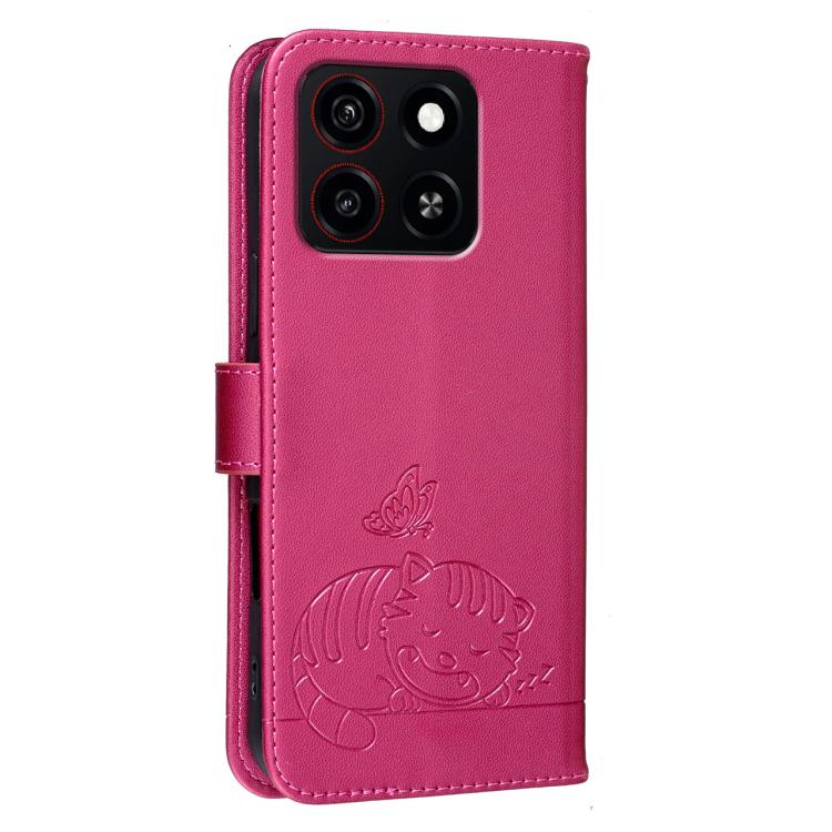 For ZTE Blade A35 Cat Butterfly Embossed RFID Vegan Leather Phone Case with Strap