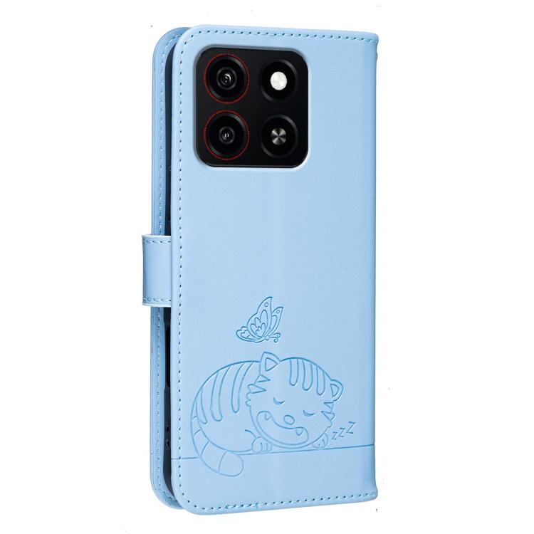 For ZTE Blade A35 Cat Butterfly Embossed RFID Vegan Leather Phone Case with Strap