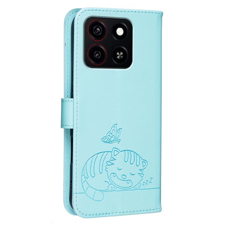 For ZTE Blade A35 Cat Butterfly Embossed RFID Vegan Leather Phone Case with Strap