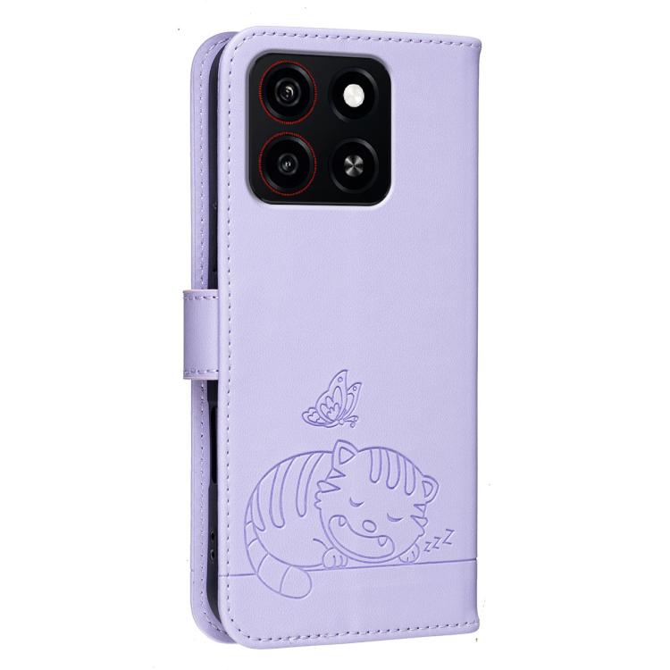 For ZTE Blade A35 Cat Butterfly Embossed RFID Vegan Leather Phone Case with Strap