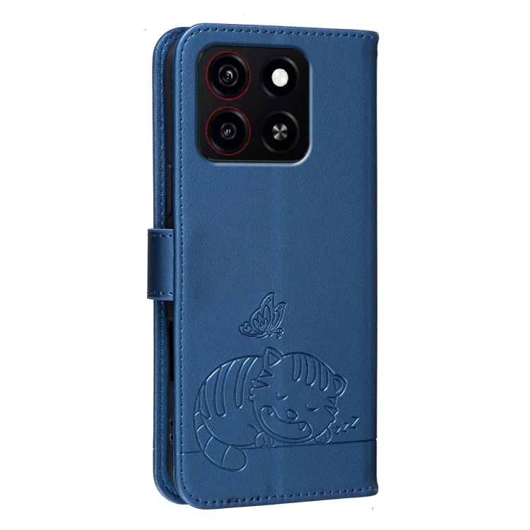 For ZTE Blade A35 Cat Butterfly Embossed RFID Vegan Leather Phone Case with Strap
