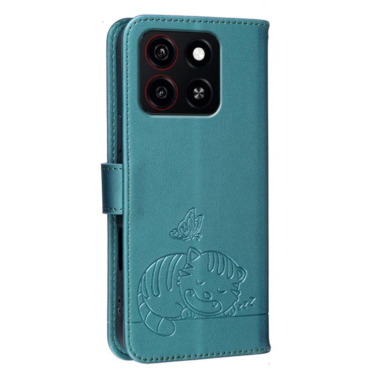 For ZTE Blade A35 Cat Butterfly Embossed RFID Vegan Leather Phone Case with Strap