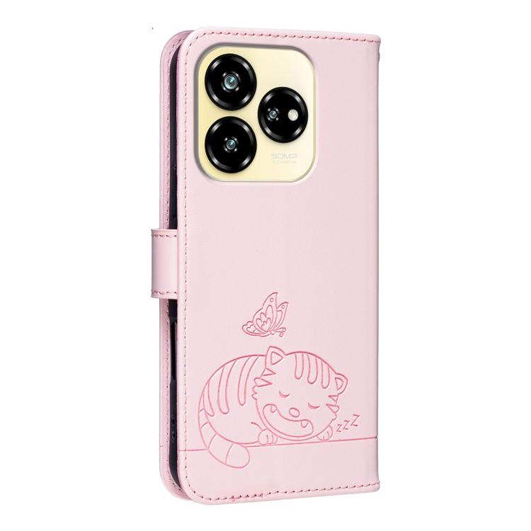 For ZTE Axon 60 Lite Cat Butterfly Embossed RFID Vegan Leather Phone Case with Strap