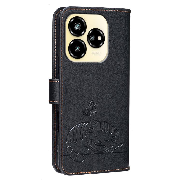 For ZTE Axon 60 Lite Cat Butterfly Embossed RFID Vegan Leather Phone Case with Strap