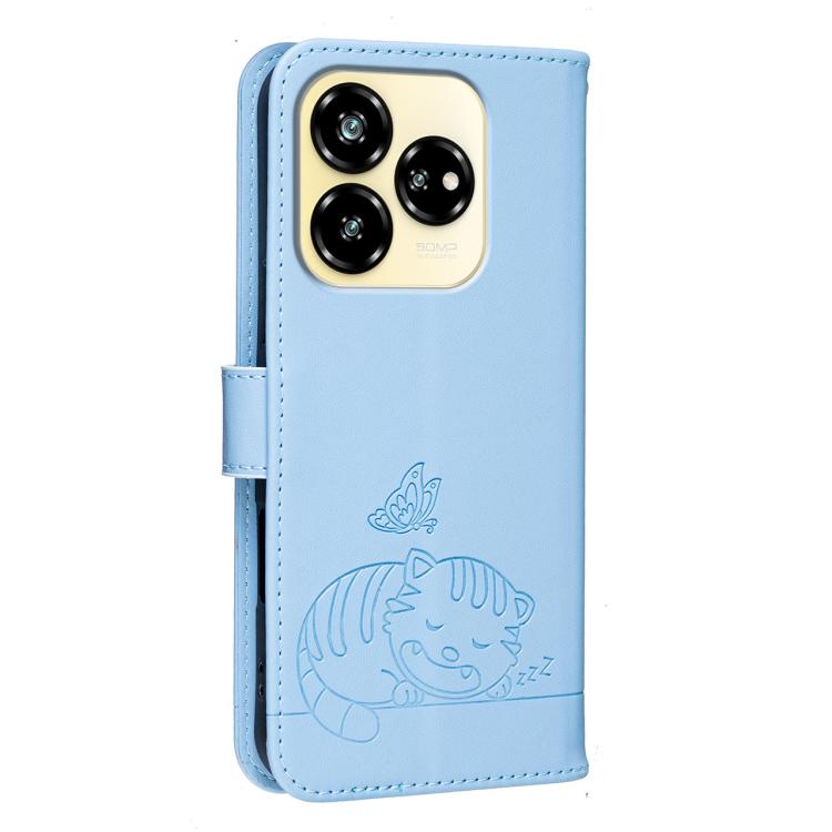 For ZTE Axon 60 Lite Cat Butterfly Embossed RFID Vegan Leather Phone Case with Strap
