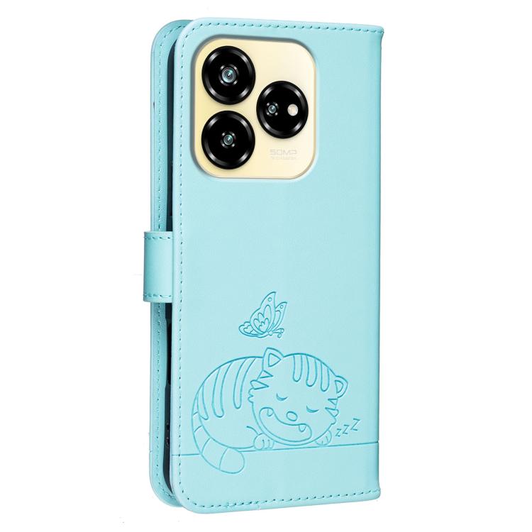 For ZTE Axon 60 Lite Cat Butterfly Embossed RFID Vegan Leather Phone Case with Strap
