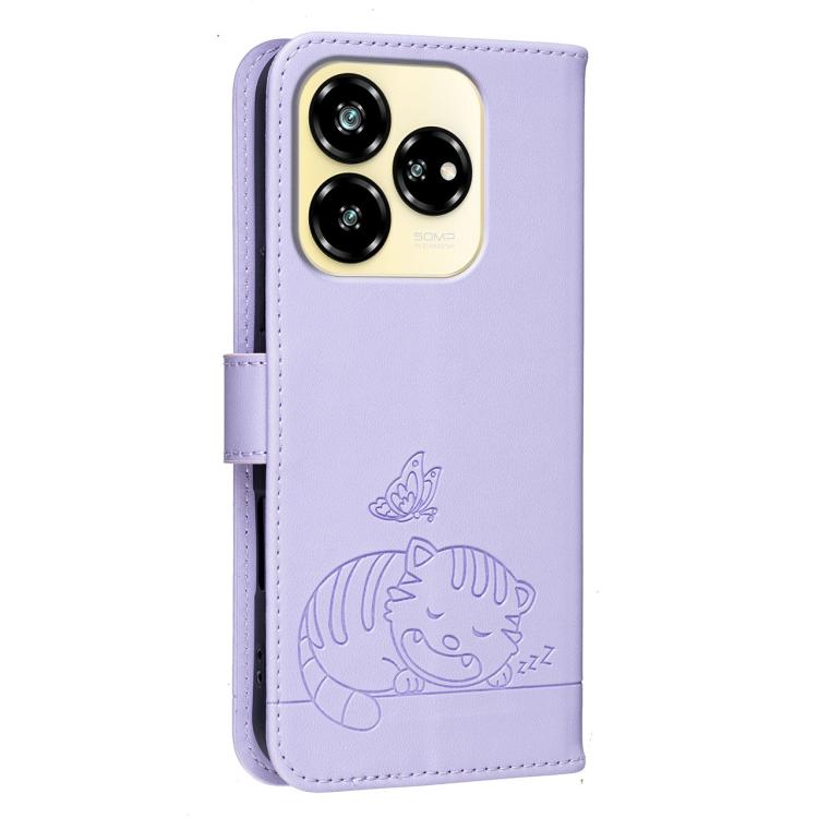 For ZTE Axon 60 Lite Cat Butterfly Embossed RFID Vegan Leather Phone Case with Strap