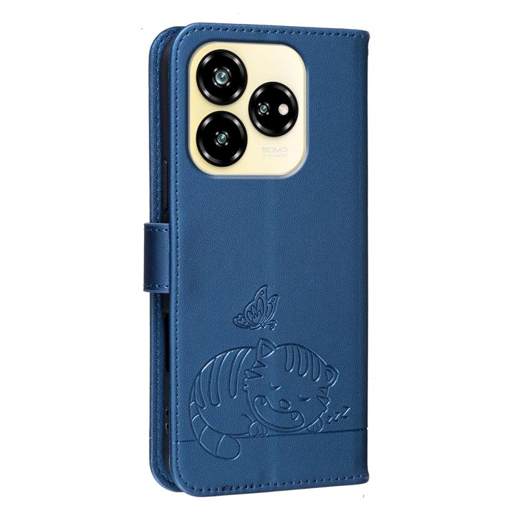 For ZTE Axon 60 Lite Cat Butterfly Embossed RFID Vegan Leather Phone Case with Strap