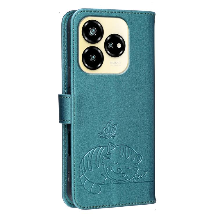 For ZTE Axon 60 Lite Cat Butterfly Embossed RFID Vegan Leather Phone Case with Strap