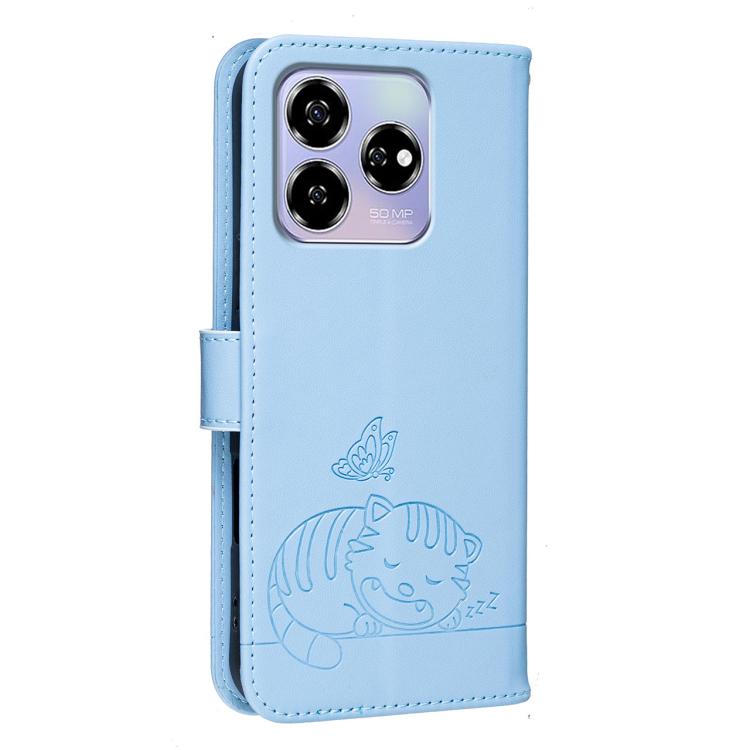 For ZTE Axon 60 Cat Butterfly Embossed RFID Vegan Leather Phone Case with Strap