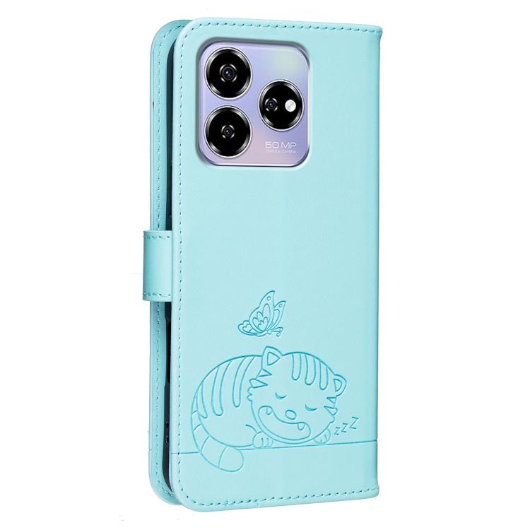 For ZTE Axon 60 Cat Butterfly Embossed RFID Vegan Leather Phone Case with Strap