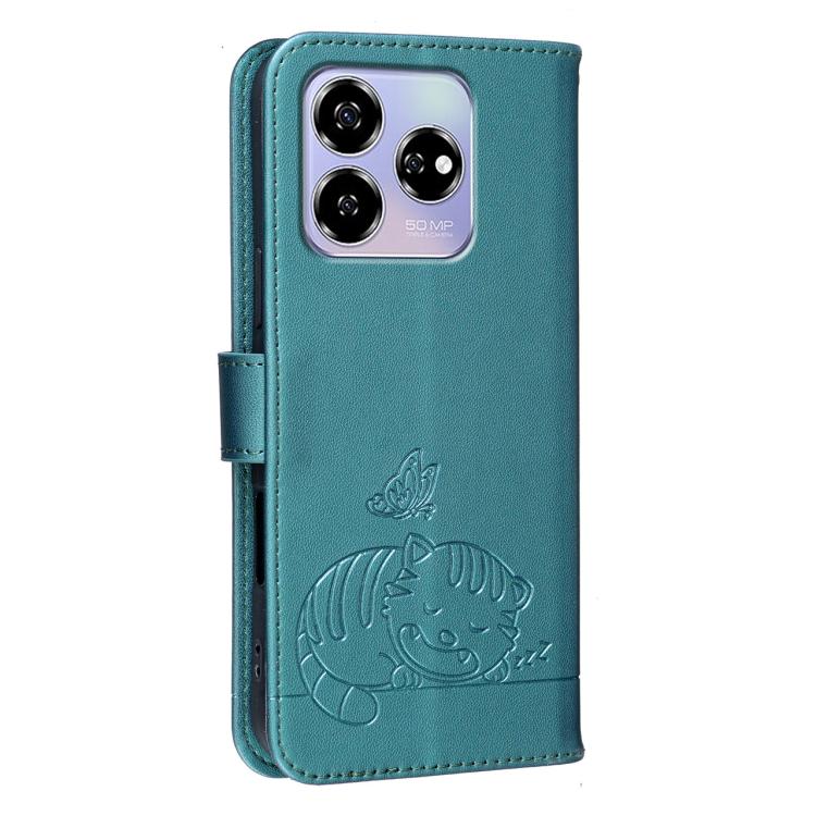 For ZTE Axon 60 Cat Butterfly Embossed RFID Vegan Leather Phone Case with Strap
