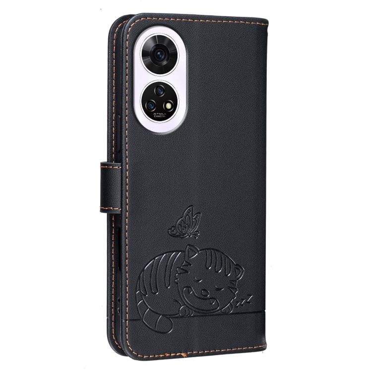 For ZTE Anshin Family A303ZT Cat Butterfly Embossed RFID Vegan Leather Phone Case with Strap