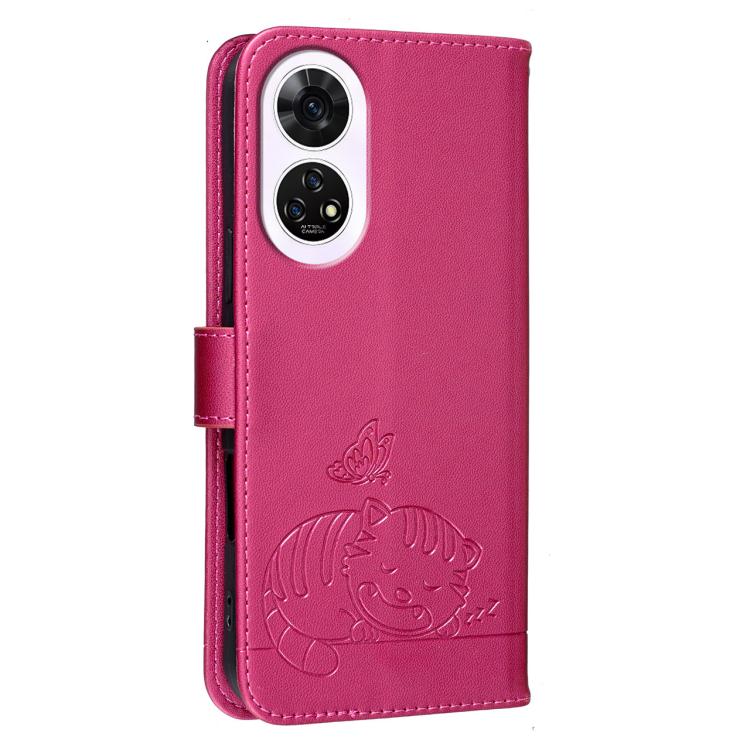For ZTE Anshin Family A303ZT Cat Butterfly Embossed RFID Vegan Leather Phone Case with Strap