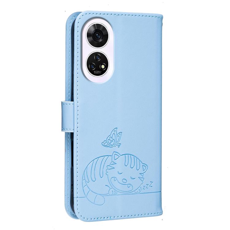 For ZTE Anshin Family A303ZT Cat Butterfly Embossed RFID Vegan Leather Phone Case with Strap