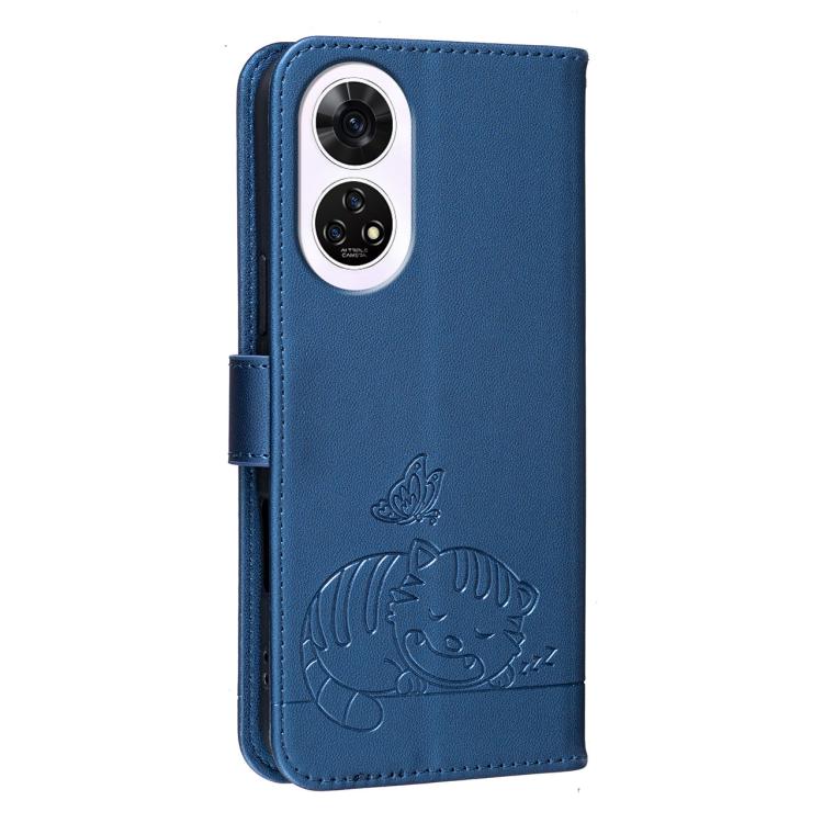 For ZTE Anshin Family A303ZT Cat Butterfly Embossed RFID Vegan Leather Phone Case with Strap