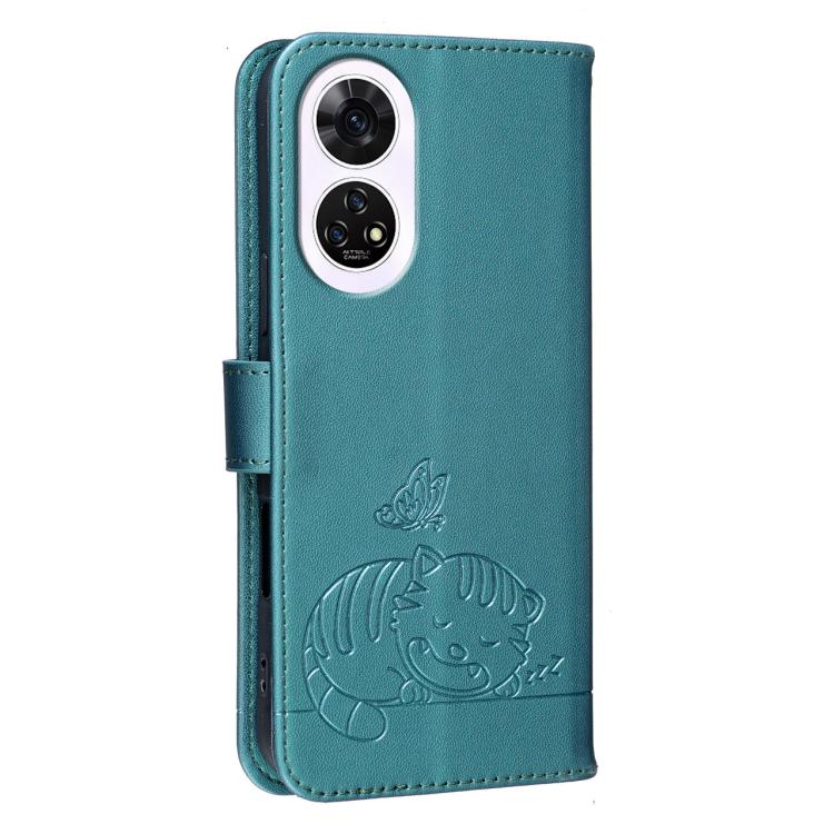 For ZTE Anshin Family A303ZT Cat Butterfly Embossed RFID Vegan Leather Phone Case with Strap