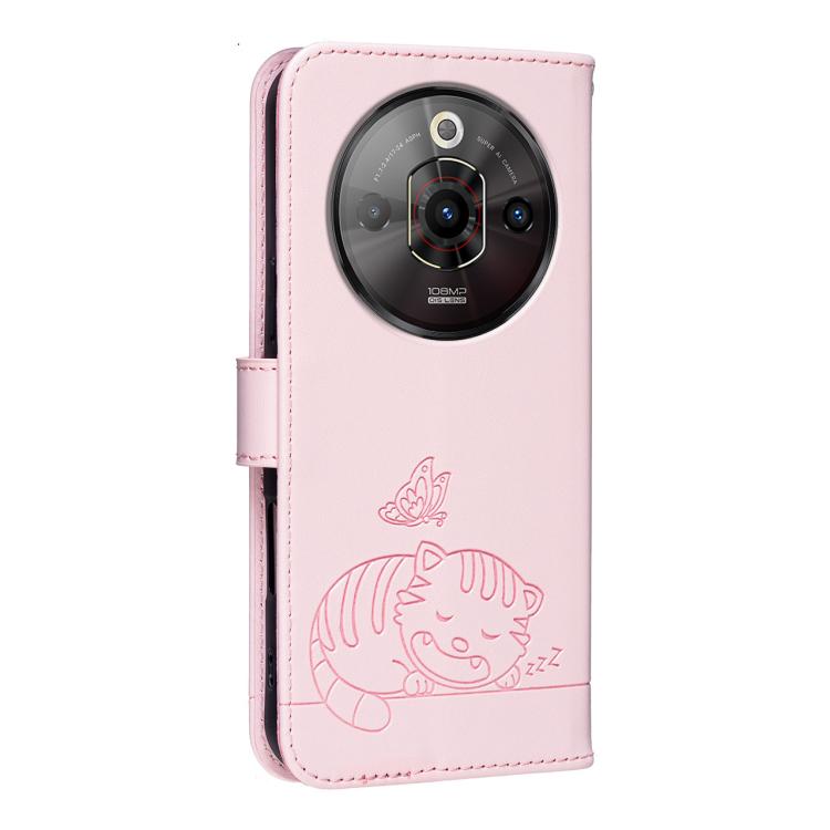 For ZTE nubia Focus Pro Cat Butterfly Embossed RFID Vegan Leather Phone Case with Strap