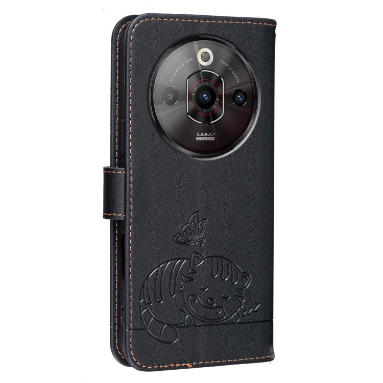 For ZTE nubia Focus Pro Cat Butterfly Embossed RFID Vegan Leather Phone Case with Strap