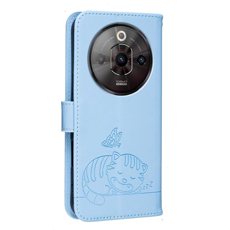 For ZTE nubia Focus Pro Cat Butterfly Embossed RFID Vegan Leather Phone Case with Strap