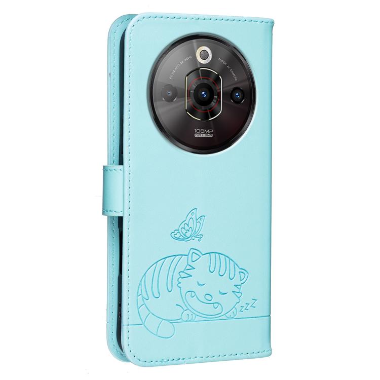 For ZTE nubia Focus Pro Cat Butterfly Embossed RFID Vegan Leather Phone Case with Strap