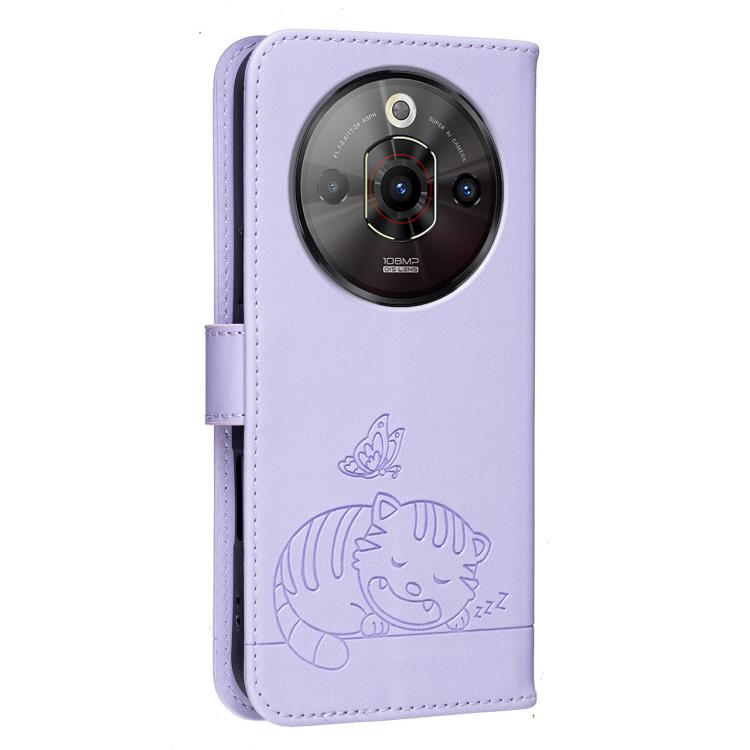 For ZTE nubia Focus Pro Cat Butterfly Embossed RFID Vegan Leather Phone Case with Strap