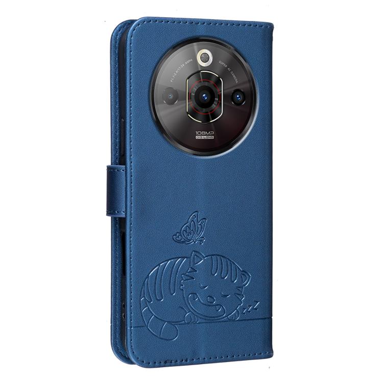 For ZTE nubia Focus Pro Cat Butterfly Embossed RFID Vegan Leather Phone Case with Strap